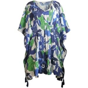 Marina Blu Womens Large Blue Green Floral Smocked Waist Tassel Cotton Top